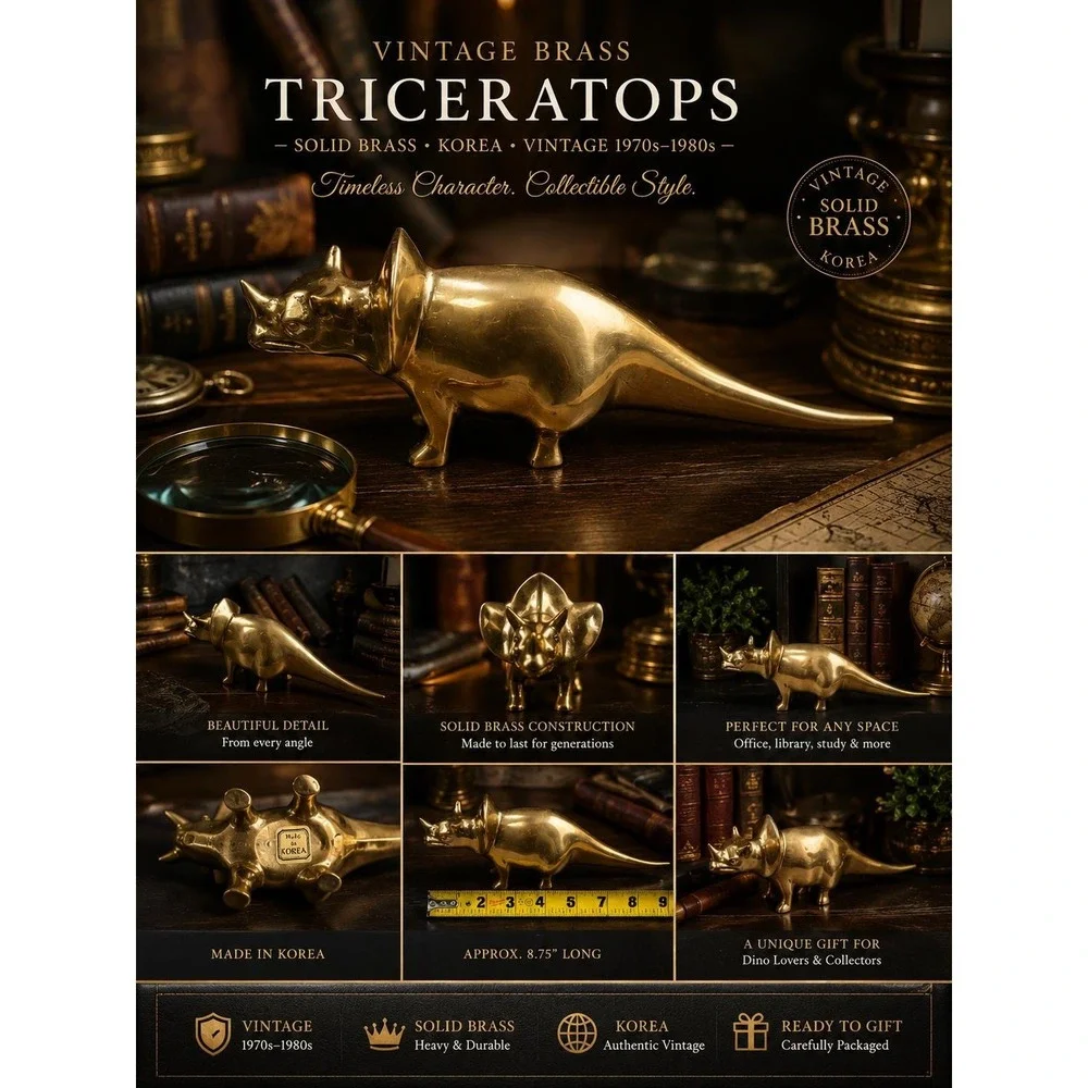 Solid Brass Triceratops Figurine | Vintage Korean Dinosaur Sculpture, Dark Acade